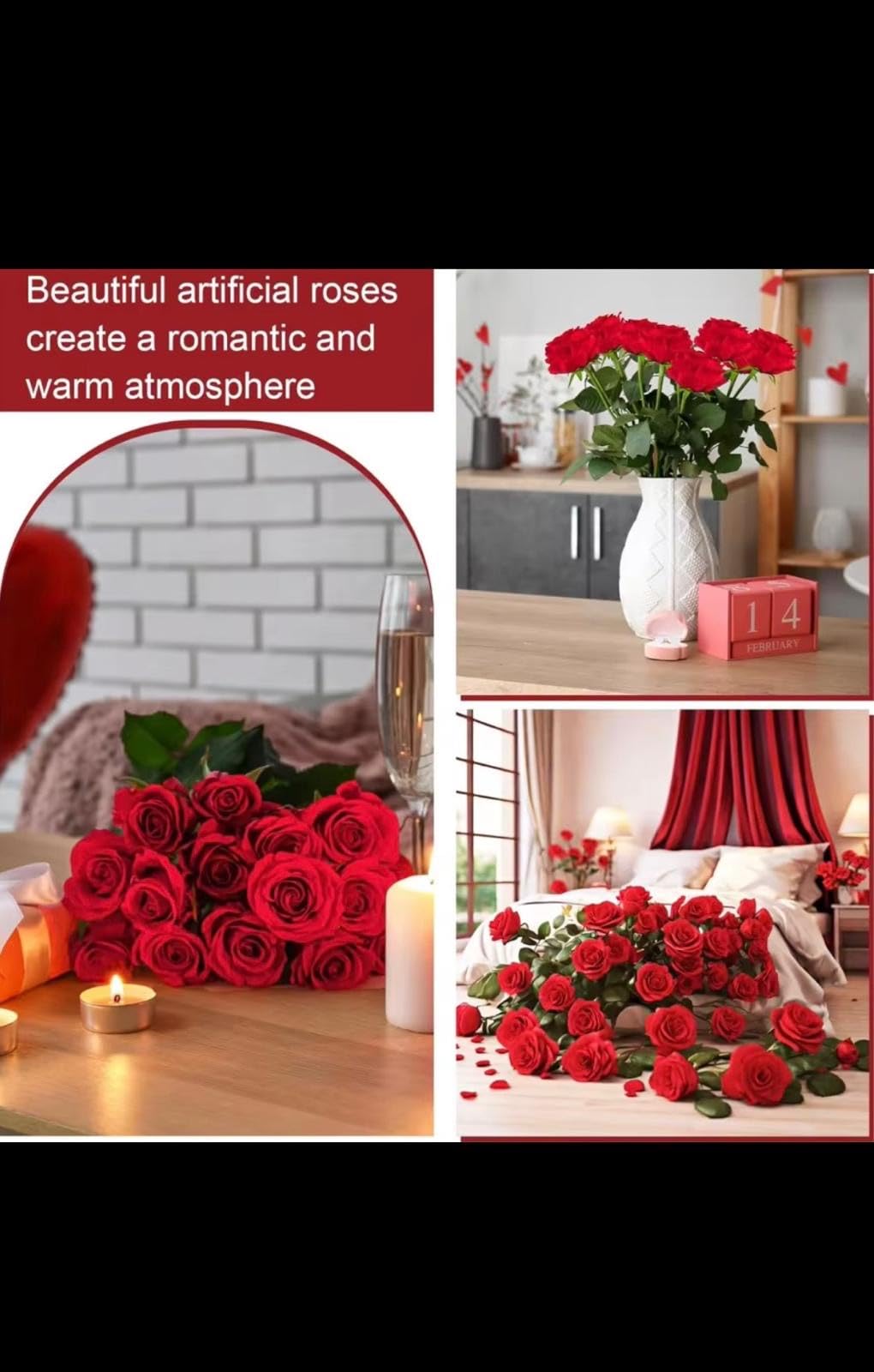 Artificial Red Roses, Realistic Fake Flowers for Wedding Dining Table Home Decoration, 20 Pieces, 51cm Length