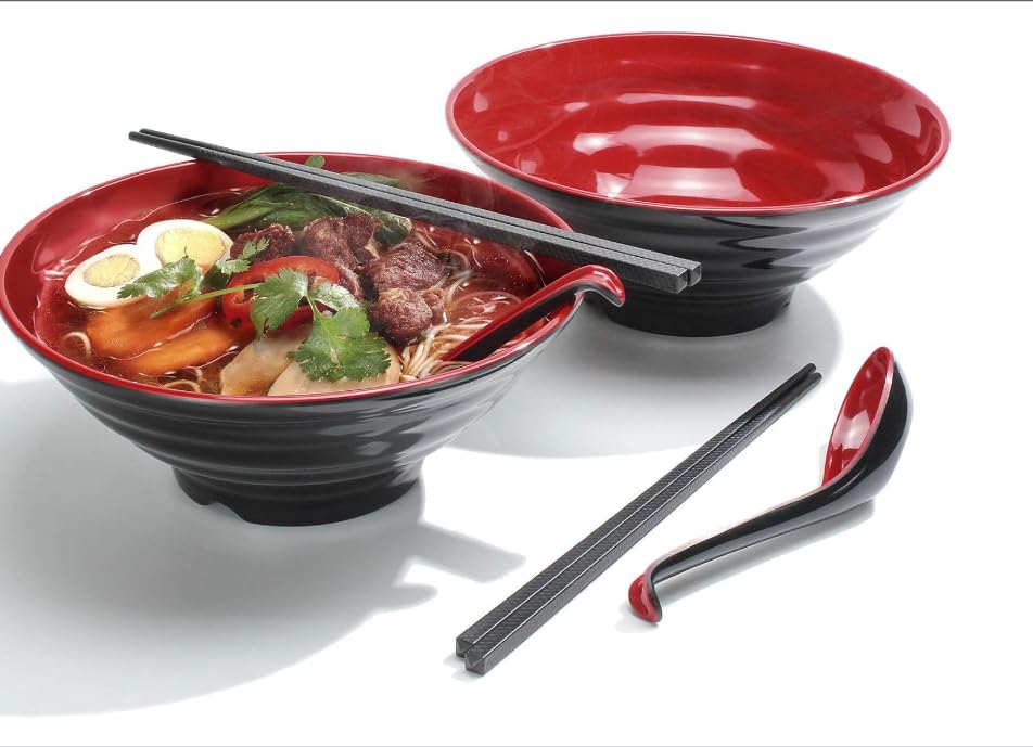 Japanese Style Ceramic Ramen Bowl Set, Large Black and Red Noodle Bowls with Matching Spoons, 2 Piece Serving Set