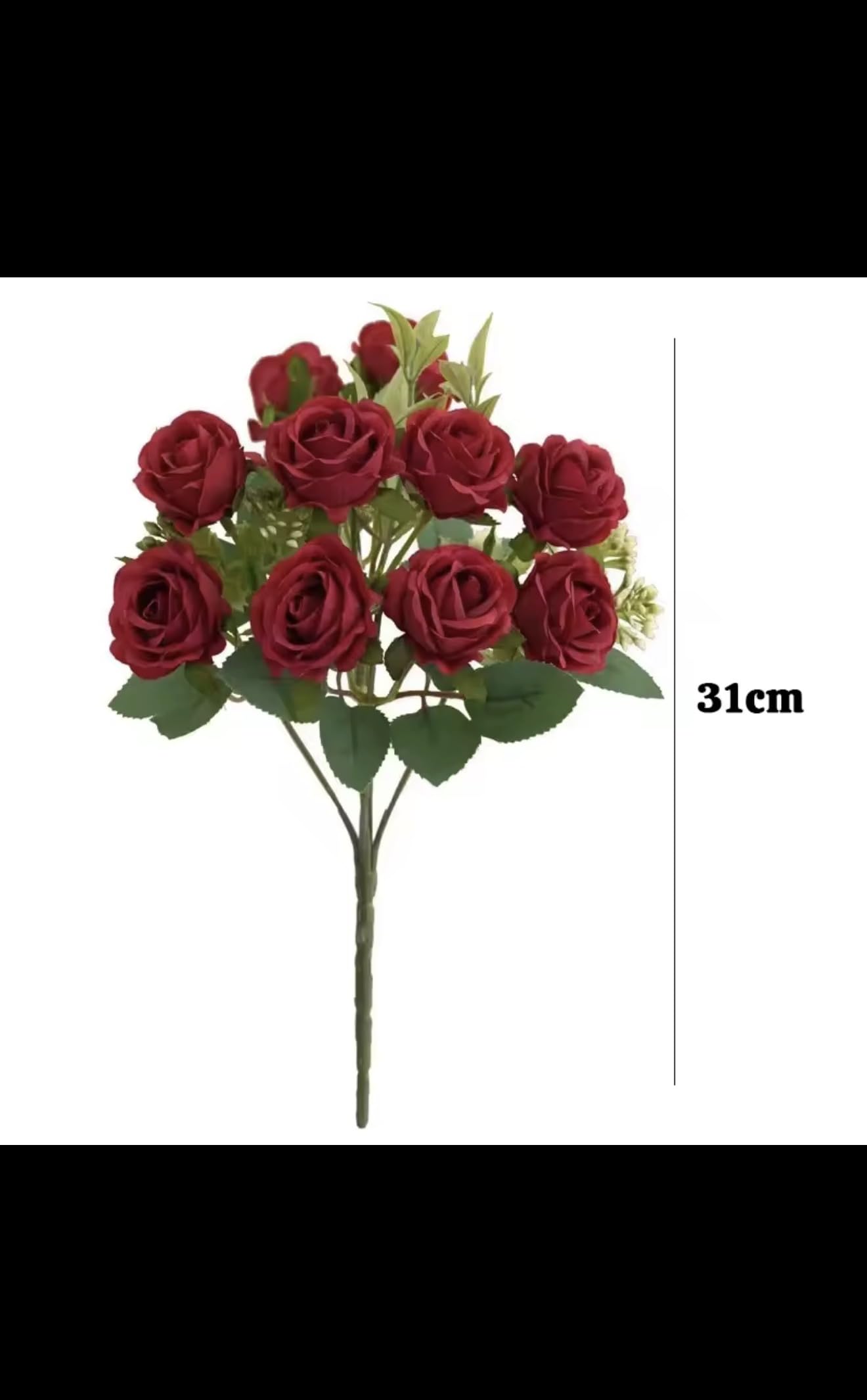 Artificial Rose Bouquet, Red Silk Roses with Green Leaves, 31cm Height, 10 Heads per Bunch, Wedding Home Decoration Fake Flowers
