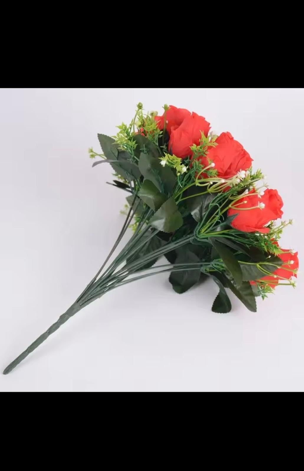 Artificial Rose Bouquet, Red Silk Roses with Baby's Breath, 18 Heads Wedding Bridal Flowers, Home Decor