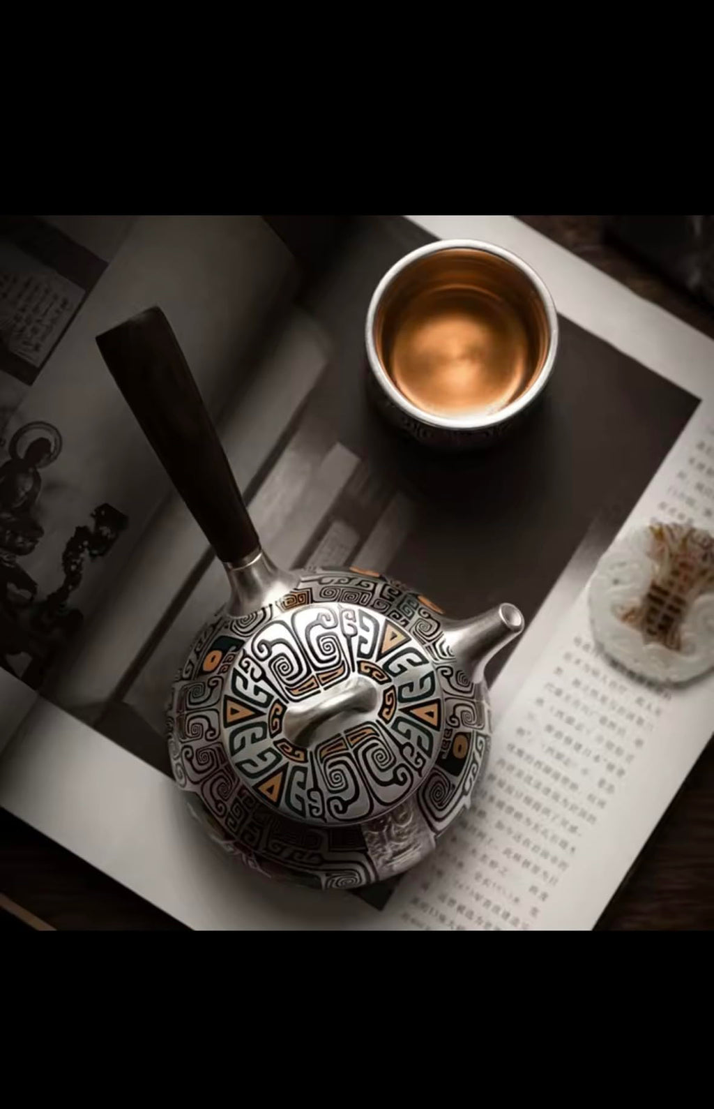Handcrafted Silver Teapot with Aztec Pattern Design, Traditional Kung Fu Tea Set, Side Handle Stone Ladle, Pure Silver Gilded Finish for Household Use