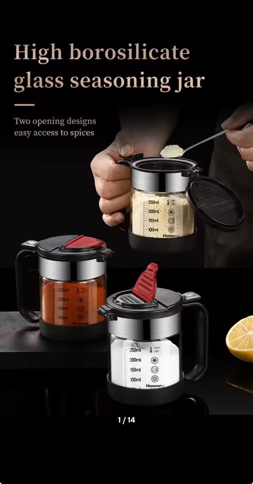 Hoowking Glass Seasoning Jar with Spoon and Lid, Black, 350ml, 3 Pack