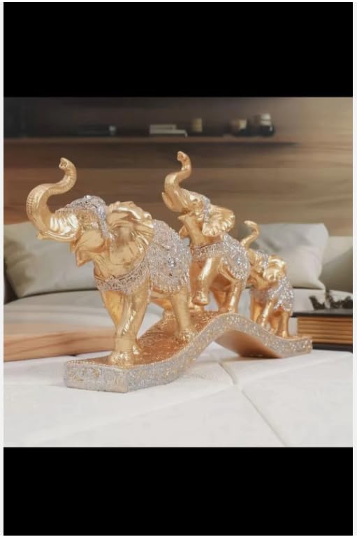 Decorative Elephant Family Figurine Set, Gold and Silver Glitter Resin Sculptures, Traditional Indian Style Home Decor Collection