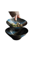 Japanese Style Ceramic Ramen Bowl, Black with Blue and Gold Glaze, Handcrafted Soup Noodle Bowl, Restaurant Quality Dinnerware